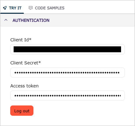 Authentication section with fields for Client Id, Client Secret, and Access Token.